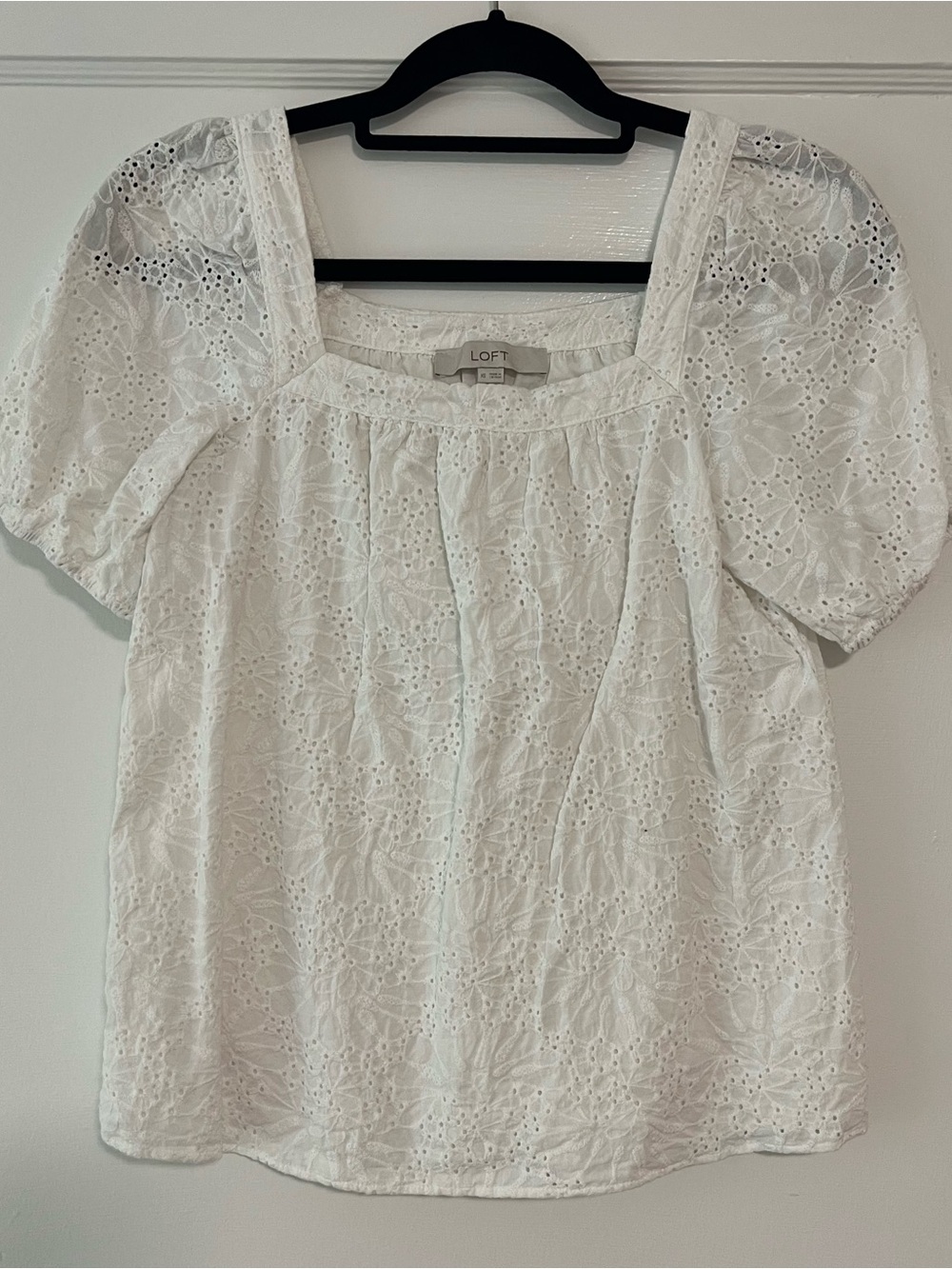 LOFT White Eyelet Square Neck Puff Sleeve Blouse